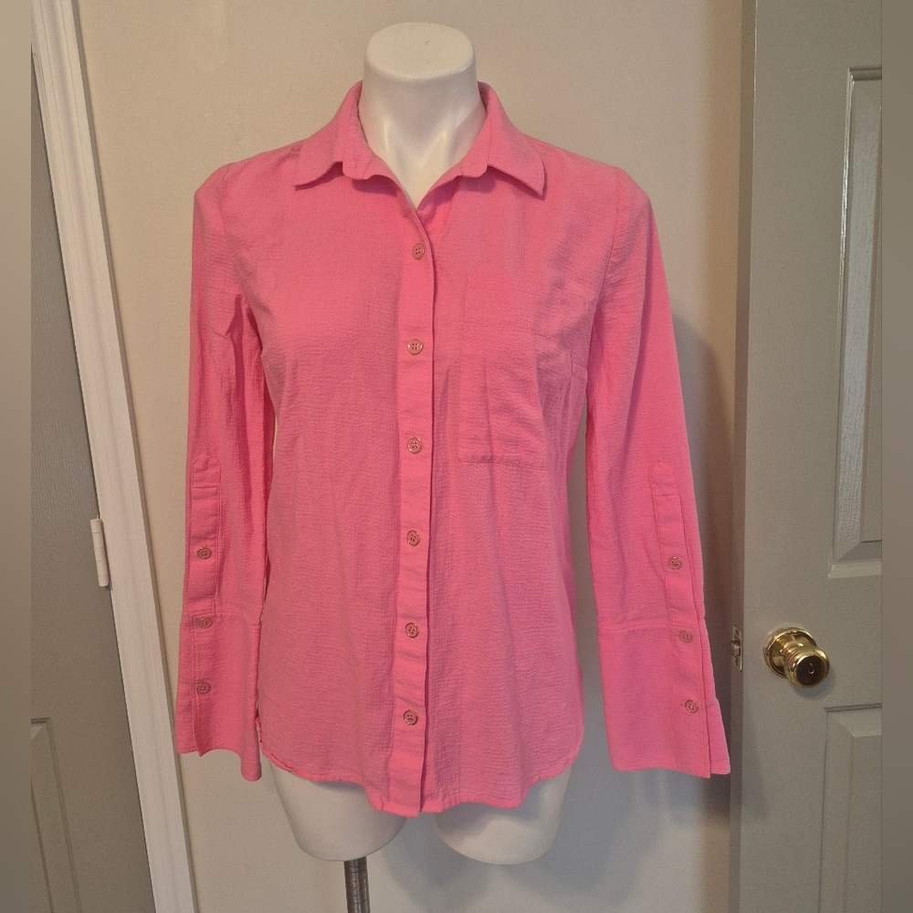 Trina Turk Cotton Blend Lightweight Button Down Collared Blouse(S)